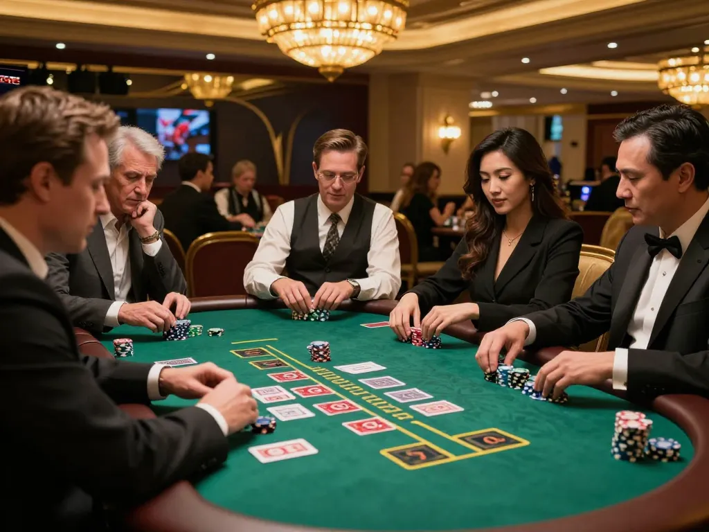 TR88 players strategizing at a dynamic blackjack table in a luxurious Vegas casino.