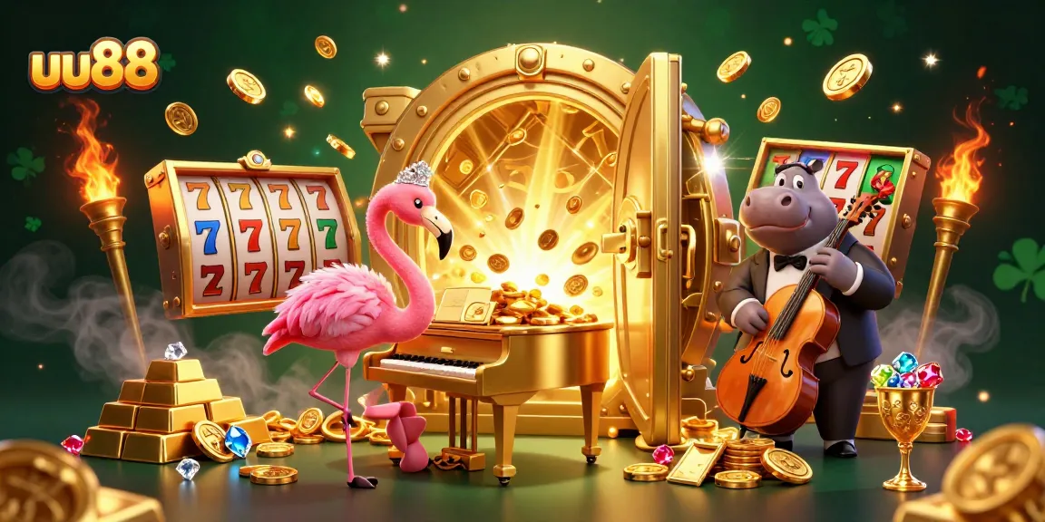 Experience thrilling slots at uu88 casino with vibrant characters in a rich, golden environment.