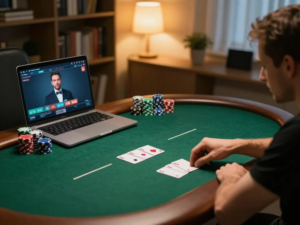 C168 player strategizing at online poker table with live dealer setup in cozy home environment