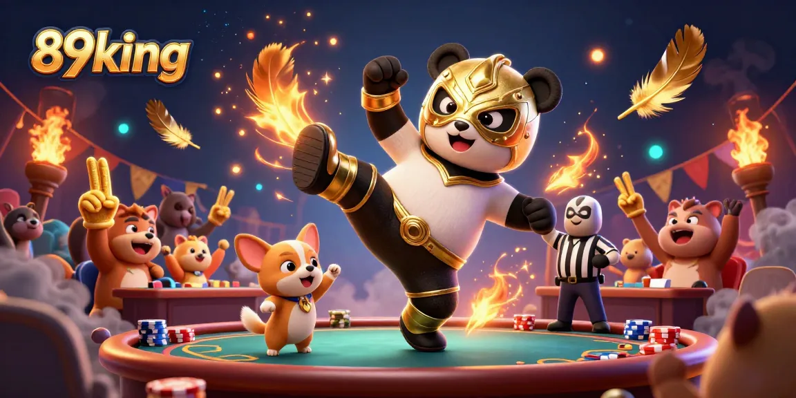 Watch the exciting action of 89king as a panda wrestler takes a flying kick in a vibrant casino!