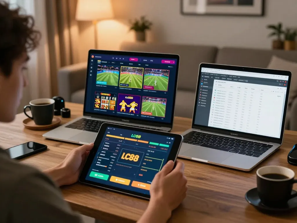 Engaging online gaming moment at LC88 with player analyzing betting strategies.