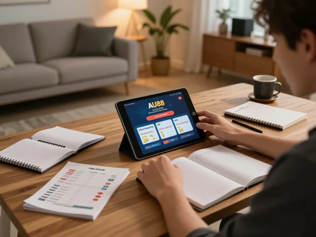 Engaging with AU88 online casino app while analyzing betting strategies at home.