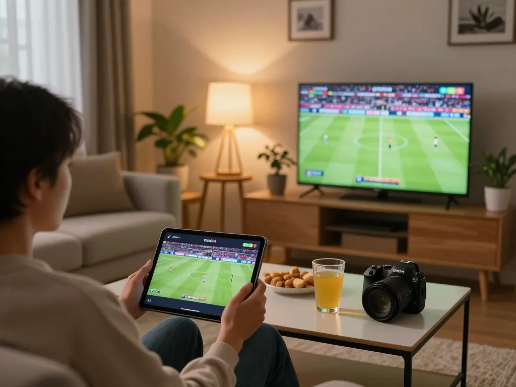 Socolive live football streaming with viewer enjoying vibrant match on tablet in cozy home setting.