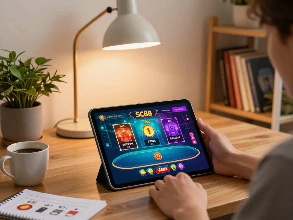 SC88 user playing interactive casino games on tablet in warm home setting