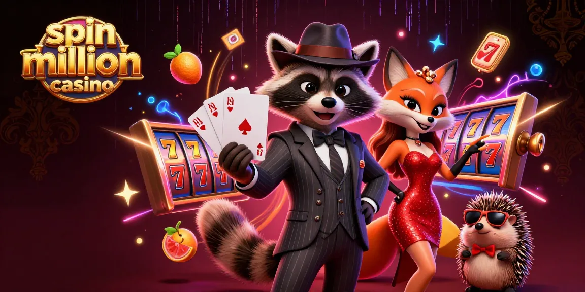 Spin million casino illustration showcasing a suave raccoon with a royal flush, surrounded by dazzling slots and lively game elements.