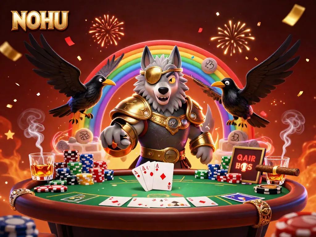 Experience high-stakes action with NOHU's vibrant Norse-inspired casino scene featuring Odin and ravens.