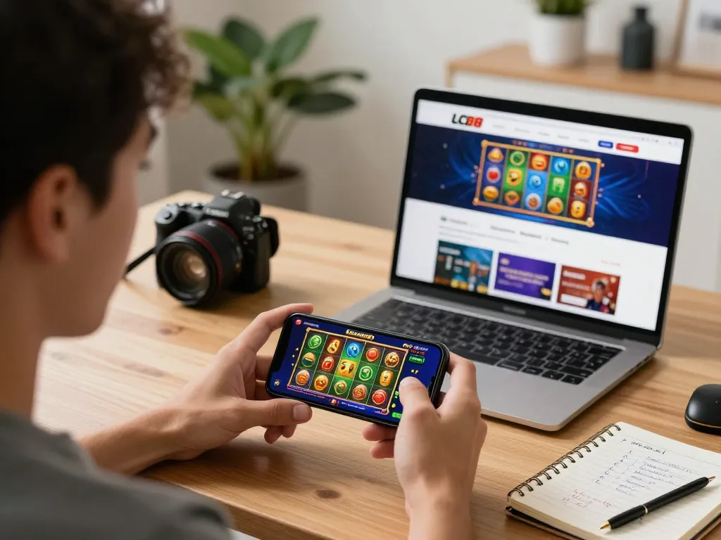Player enjoying the LC88 casino app on their smartphone during online gaming session at home.