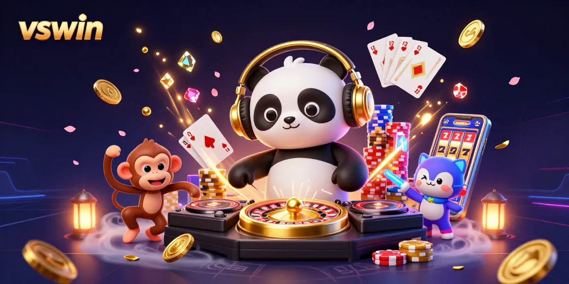 Experience exciting gameplay at vswin with a DJ panda and vibrant casino elements spinning around.
