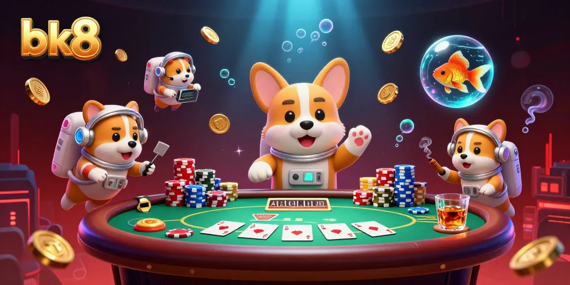 Engage in thrilling bk8 casino adventures with a 3D astronaut corgi navigating a lively space casino.