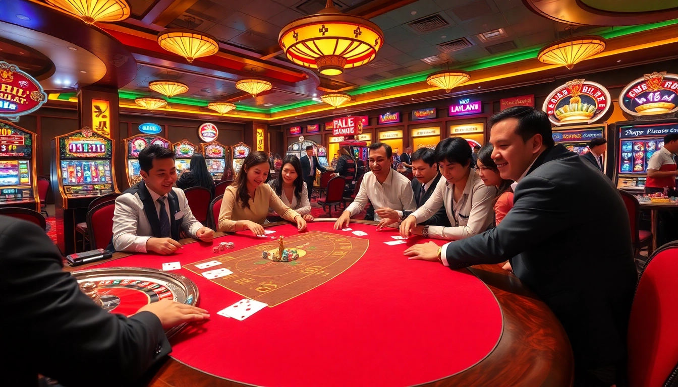Exciting casino scene showcasing Vào Lưới TV-themed gambling with players and vibrant tables.