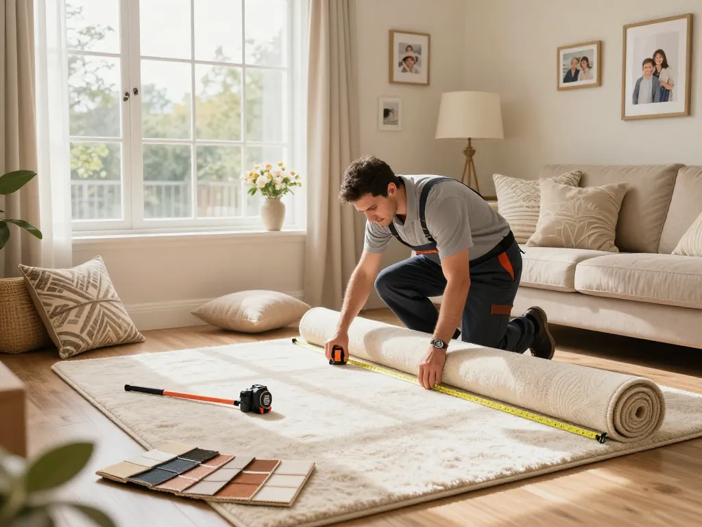 Professional carpet fitters near me installing plush carpet in a cozy living room.