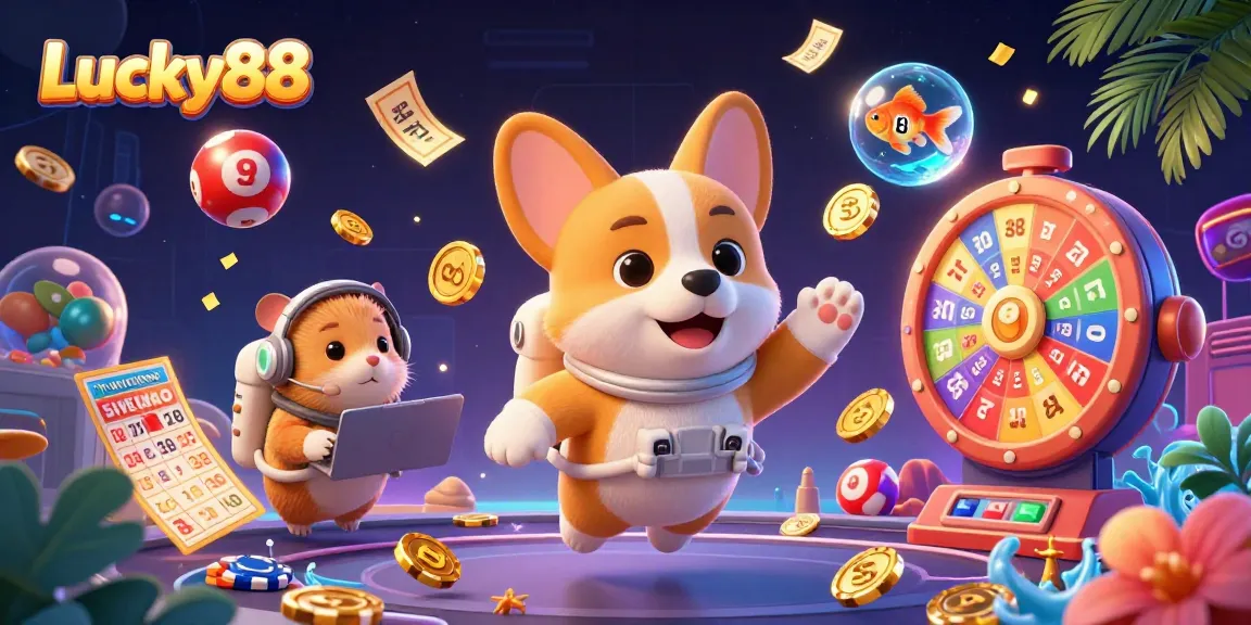 Experience the thrill of Lucky88 with vibrant casino elements floating around, evoking a sense of excitement.