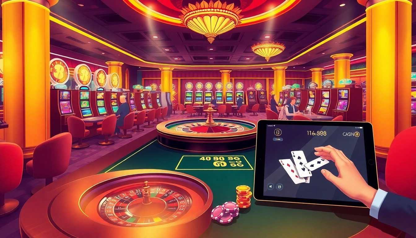 Experience thrilling gameplay at https://luck88.games/ with a vibrant casino scene featuring roulette and slot machines.