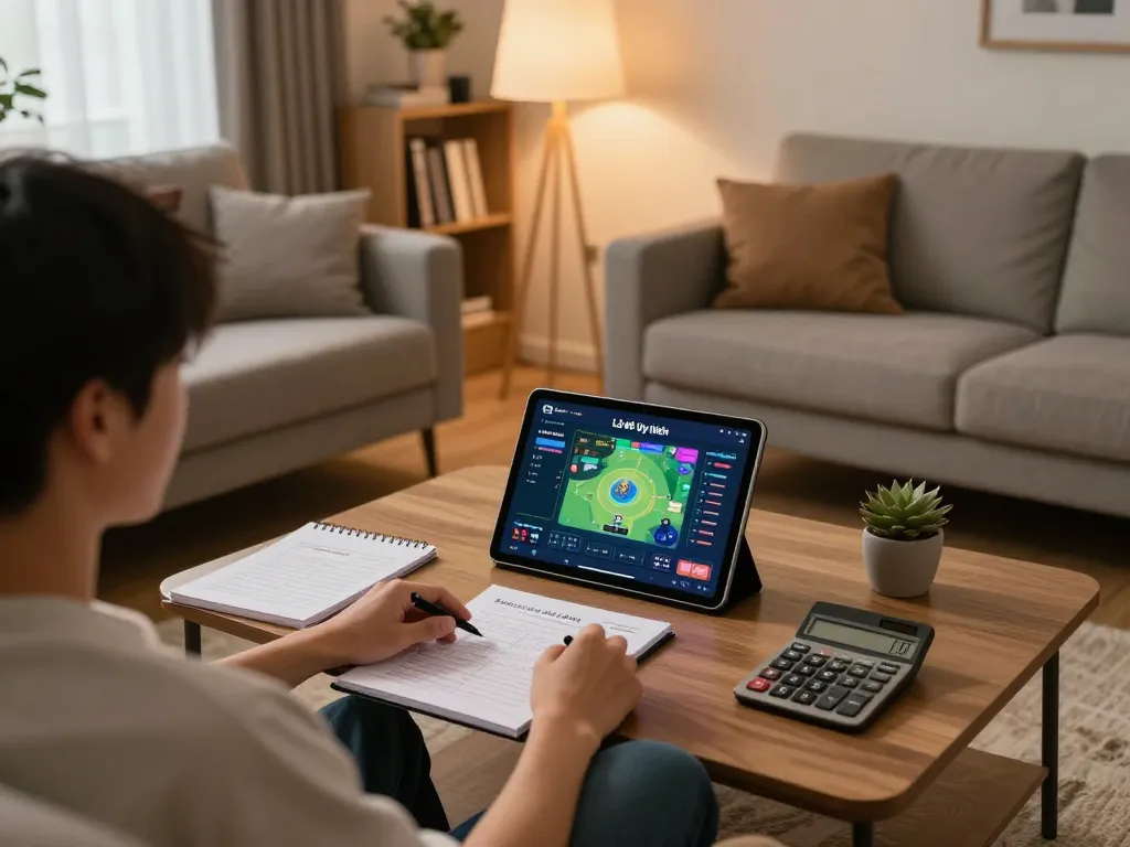 Lô Đề Uy Tín player using tablet for online betting strategy in a cozy living room.