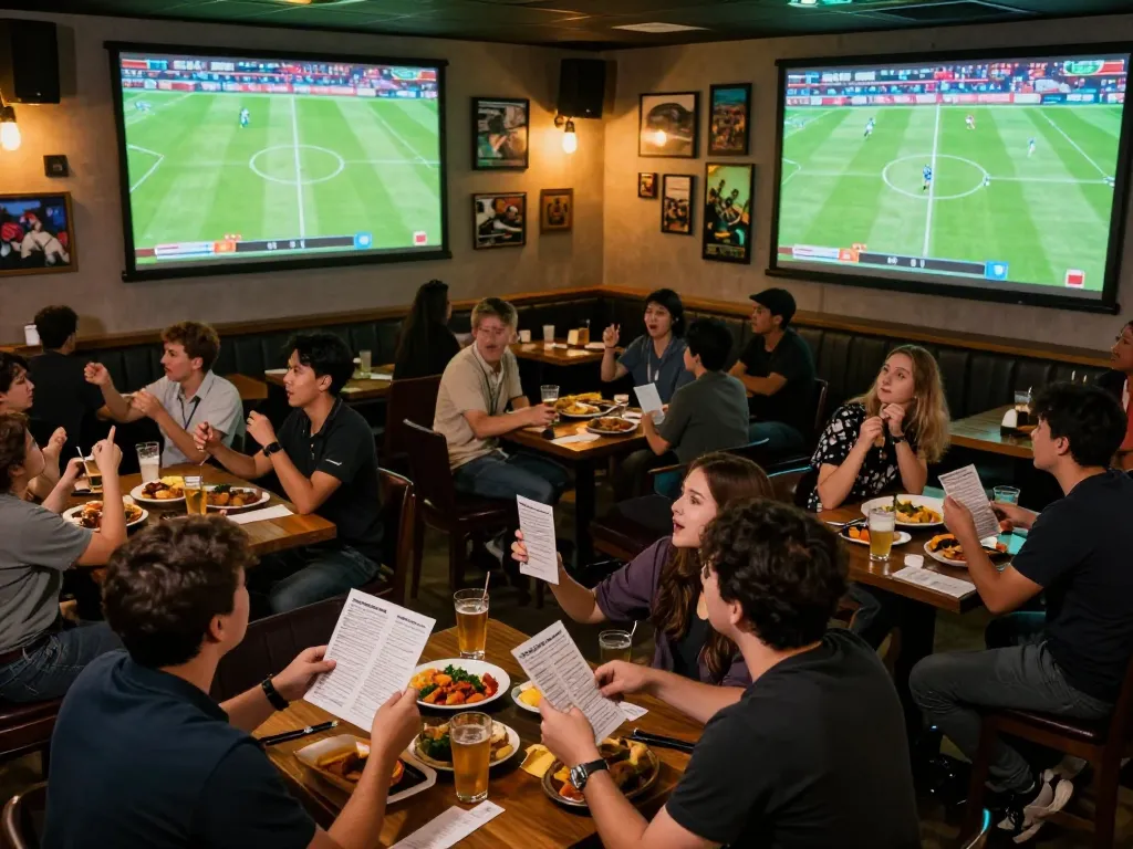 Sports fans engaging in kèo nhà cái betting during live football matches in a lively sports bar.