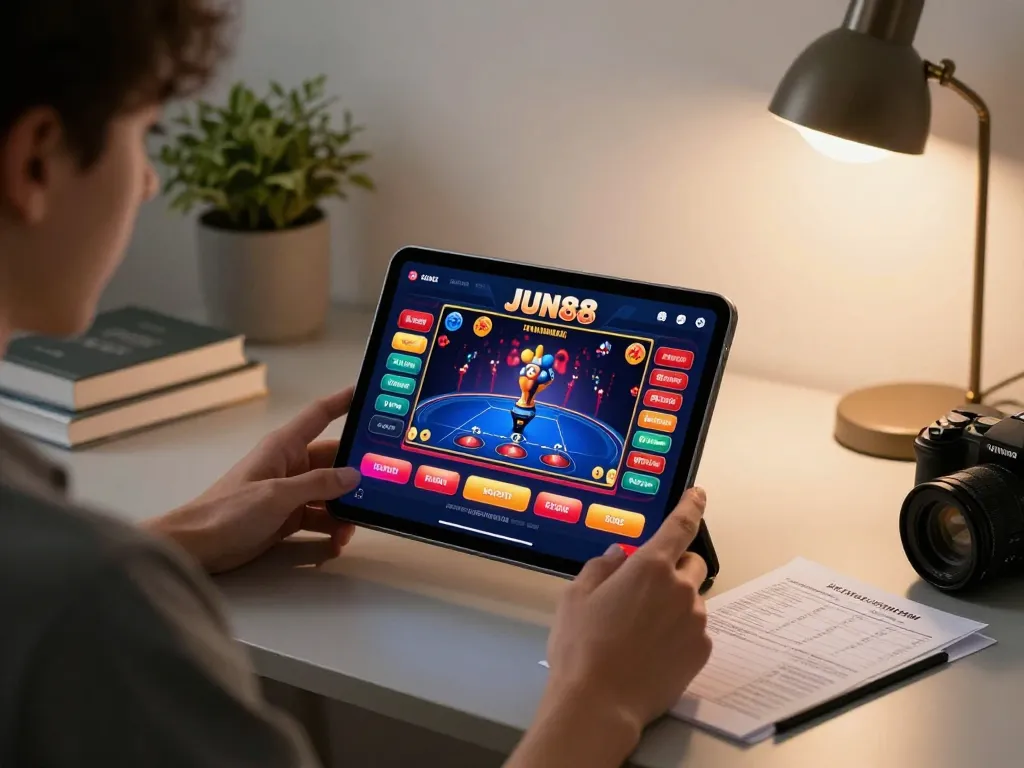 Engaging with the Jun88 casino app on a tablet, showcasing strategic online gameplay.