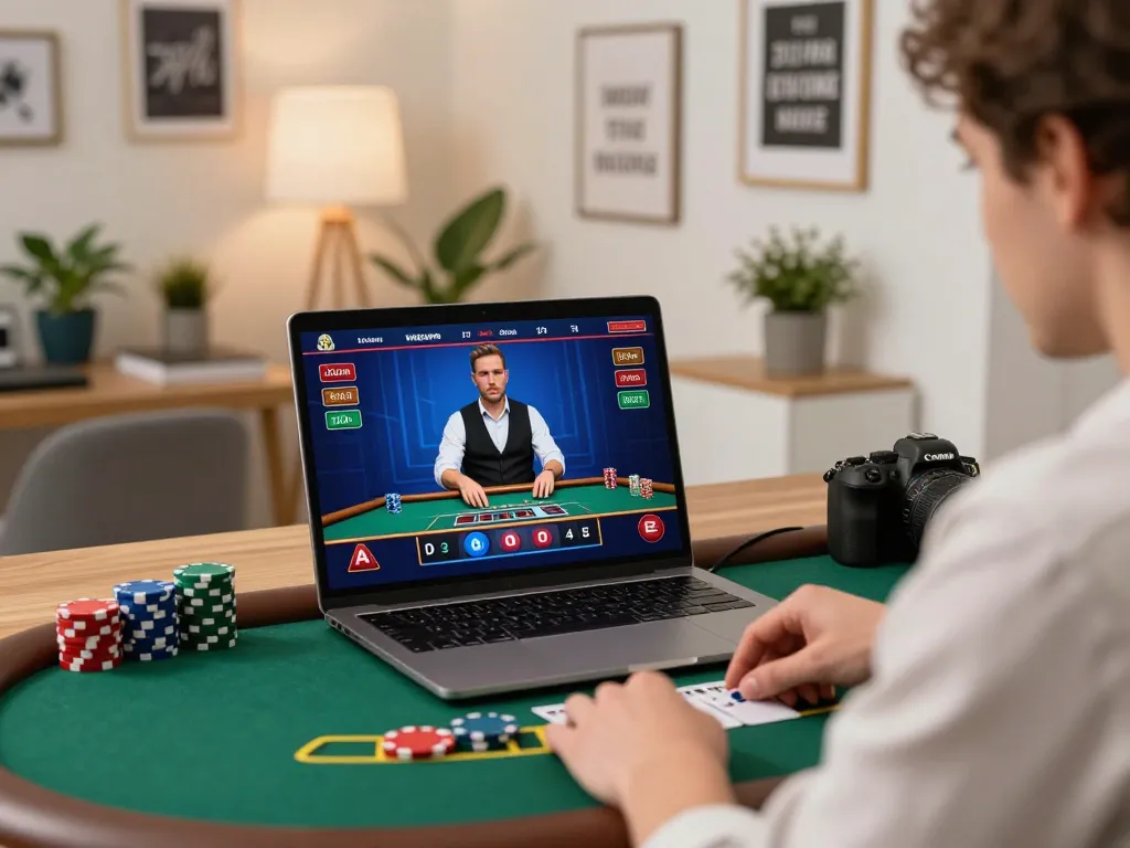 O8 enthusiasts engaging with live dealer blackjack on a laptop in a warm home office setting.