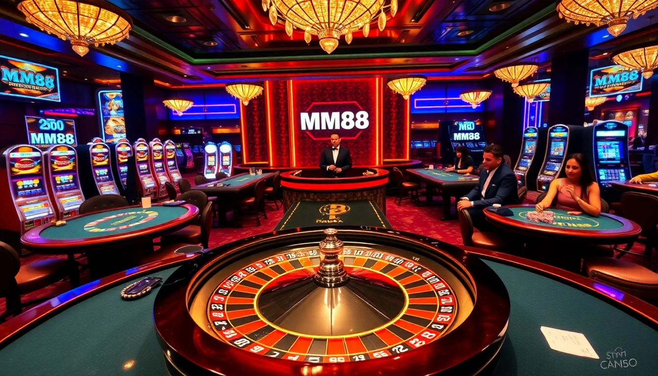 MM88 roulette wheel surrounded by engaged players at an upscale casino.