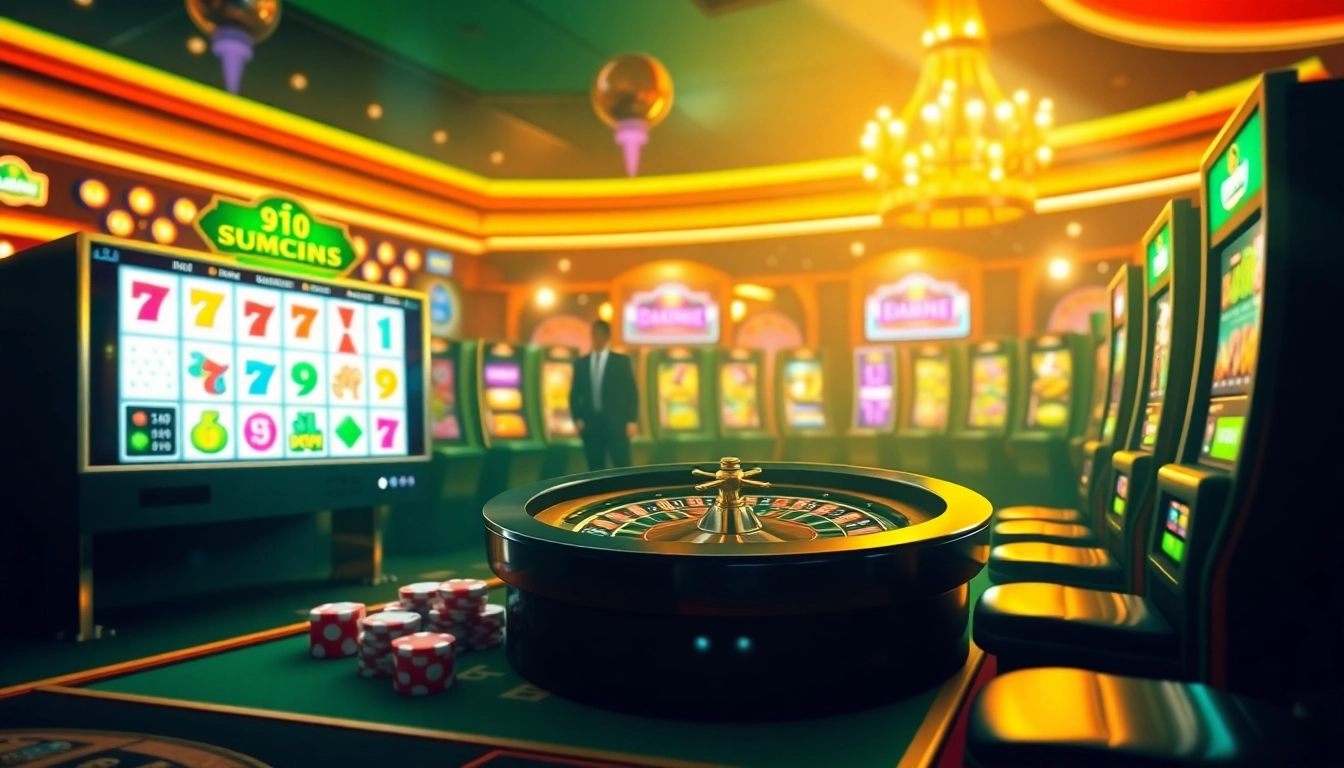 Engage in thrilling online gaming experiences at Sumclub with dynamic slot machines and colorful poker chips.