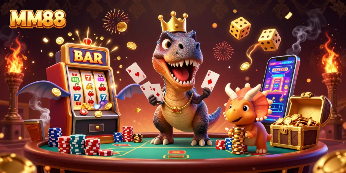 Play poker with MM88 in a vibrant 3D casino scene featuring charming dinosaur characters.