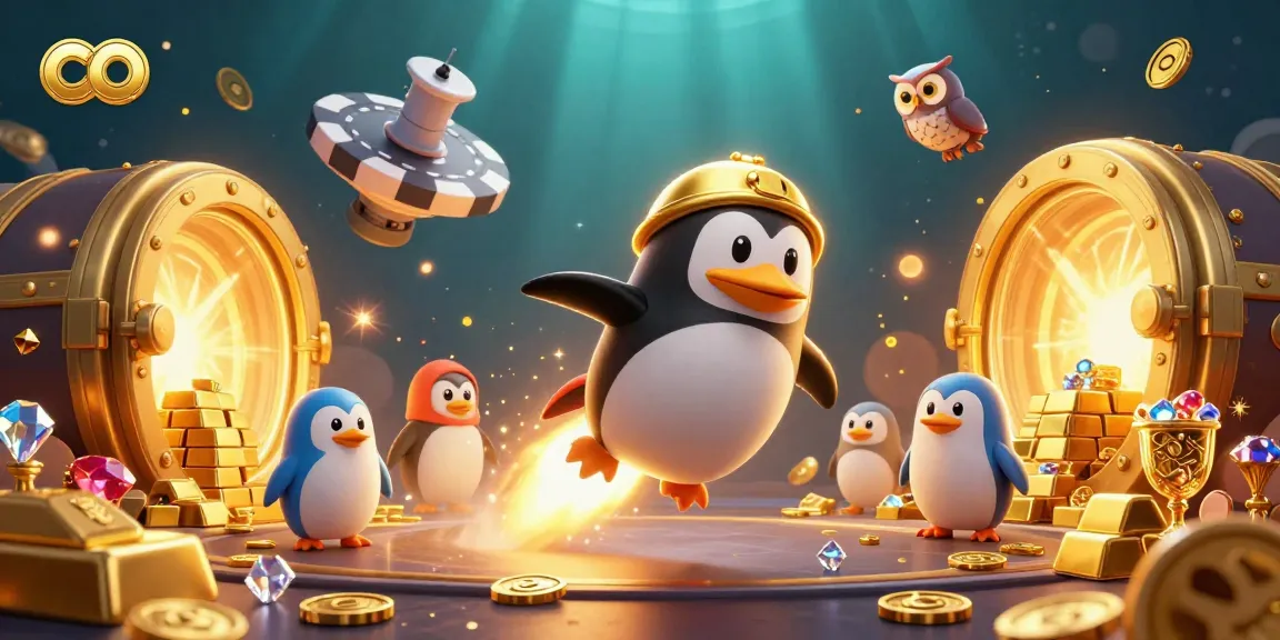 Win big at credit card casinos with co; a golden penguin launches from a chip-shaped station.