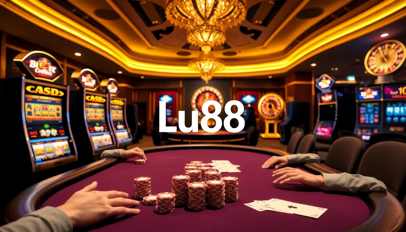 Engaging poker action at Lu88 casino, showcasing high-stakes players and vibrant slot machines.