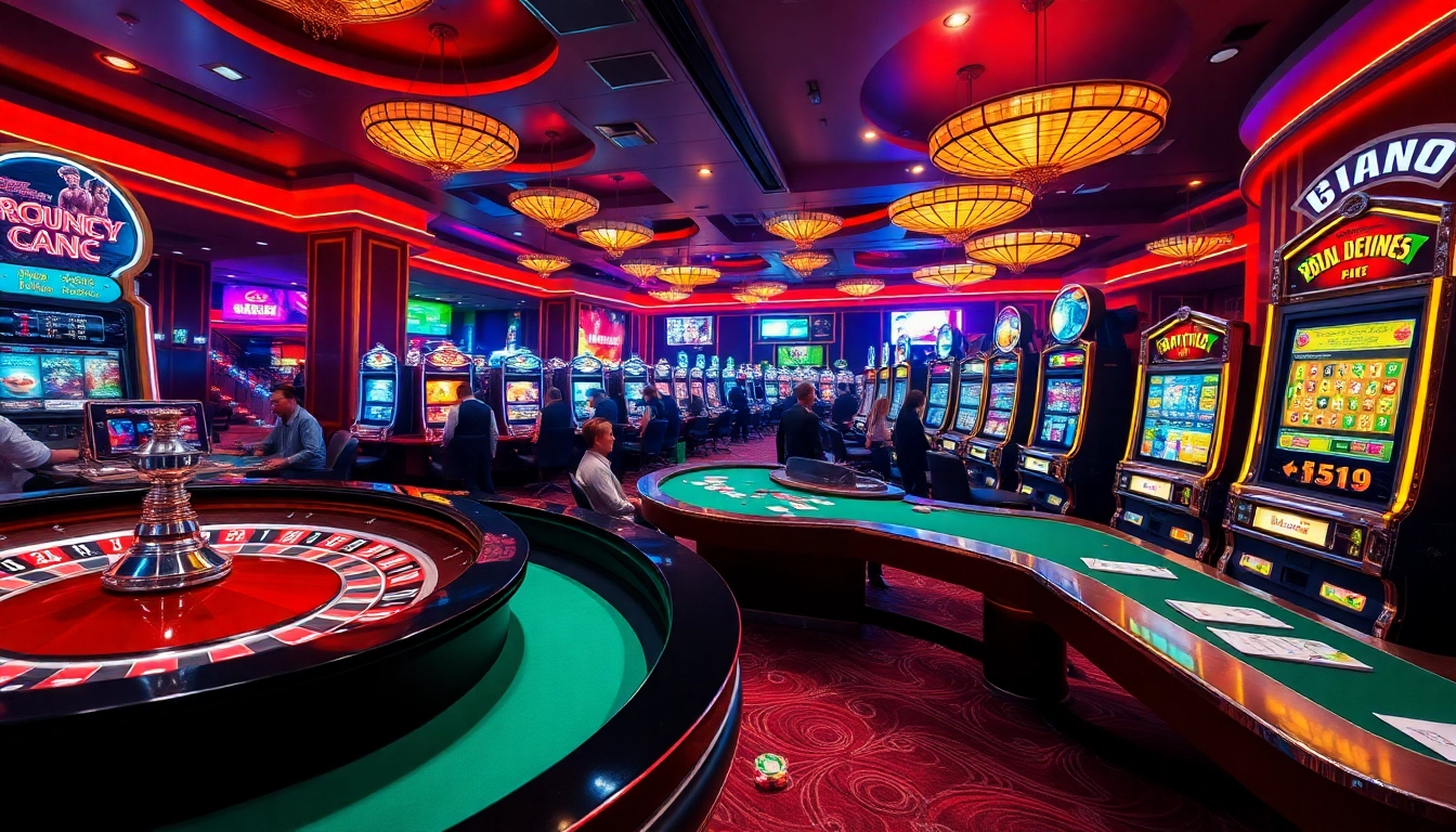 Experience e2bet excitement with lively casino tables, roulette wheels, and vibrant slot machines.