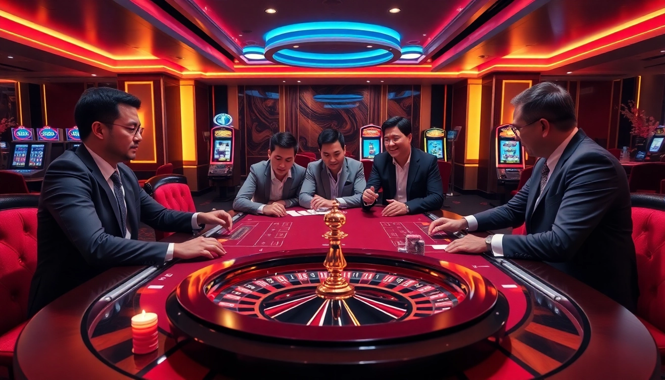 Excited players enjoying a thrilling poker game at 8KBET's modern casino table.