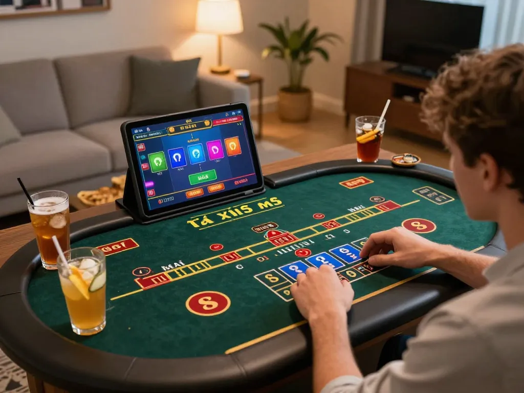 Engaged player using tablet for tài xỉu md5, capturing dynamic online gambling action in a cozy home setting.