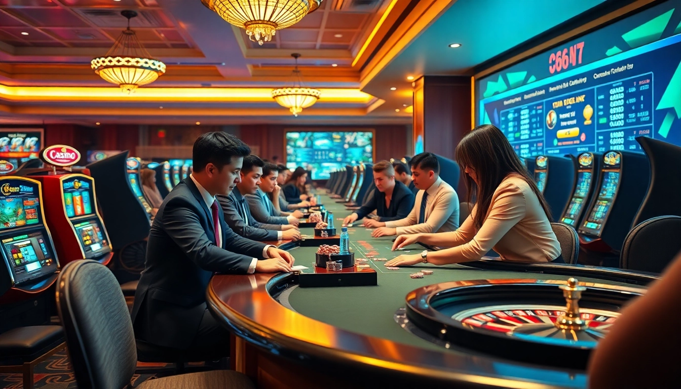 Exciting high-stakes gaming scene at c54.gb.net with vibrant casino tables and professional dealers.
