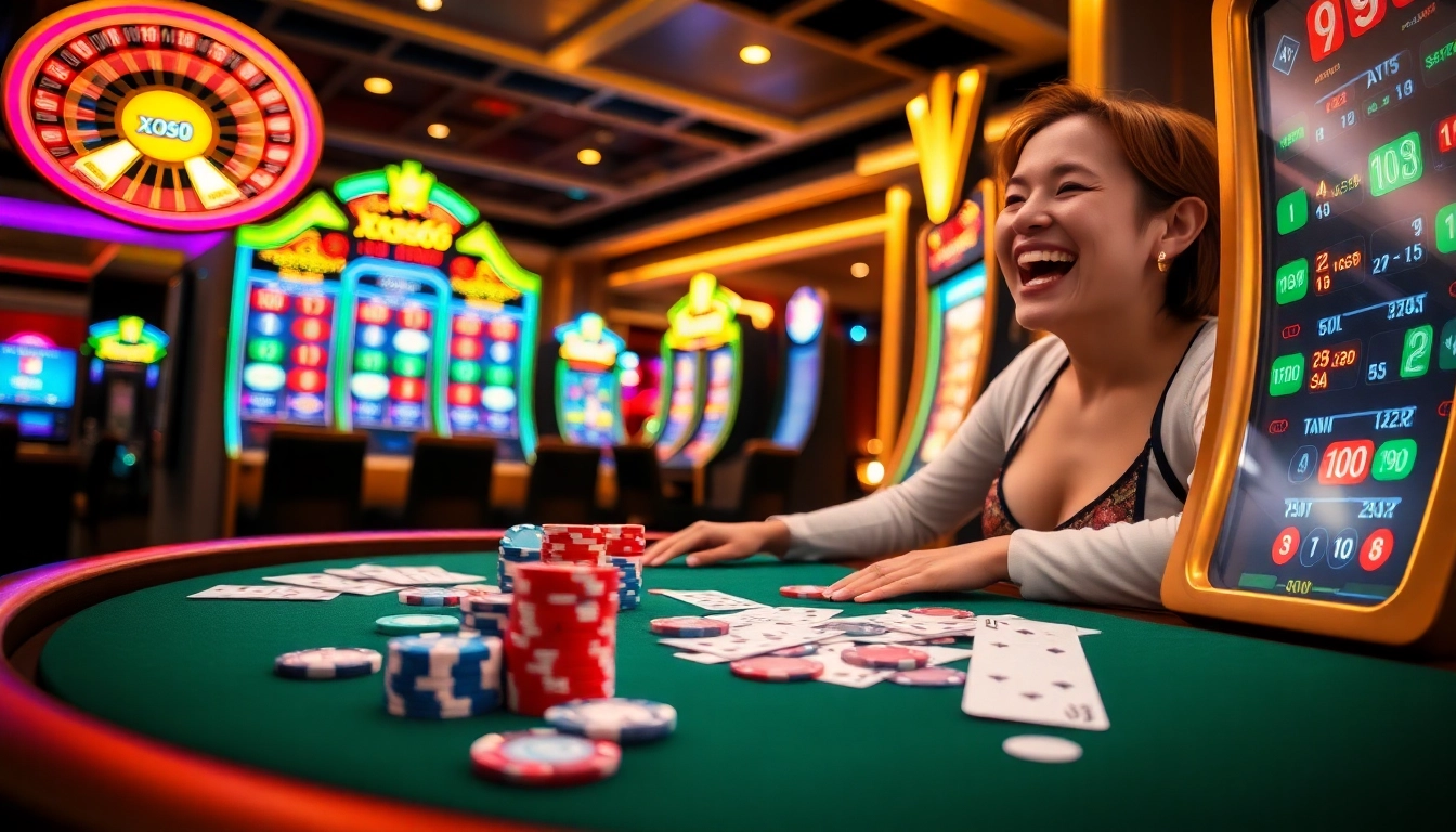 Experience the excitement of xoso66 at a vibrant casino, showcasing poker tables and thrilling games.