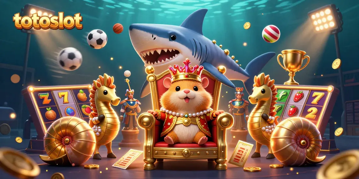 Totoslot showcases a dynamic scene with a hamster king, slot elements, and vibrant sports balls.