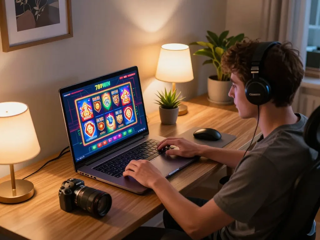 Engaging with 789WIN casino slots on a stylish laptop in a cozy home gaming setup.