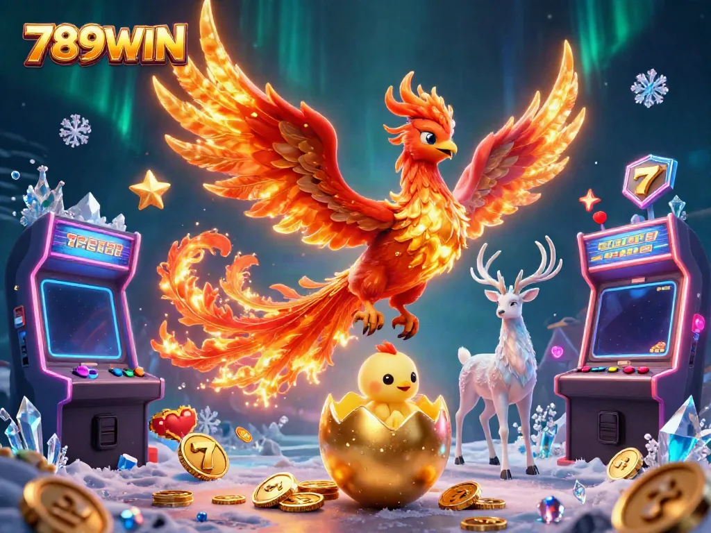 Engage with 789WIN's vibrant casino landscape, featuring a phoenix and gaming elements.