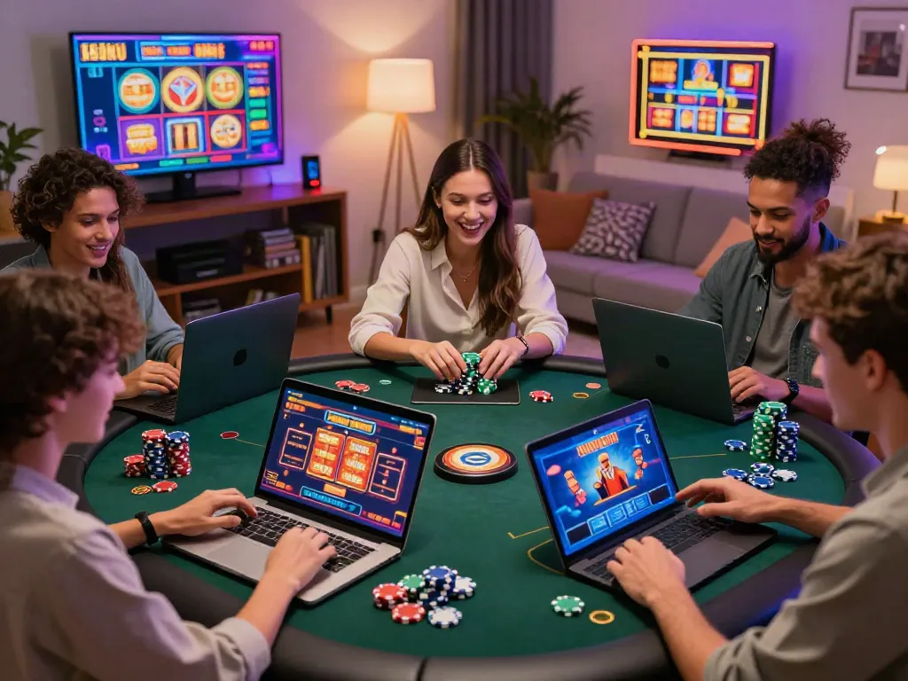 Online casinos not on GamStop are enjoyed by diverse players in a vibrant home gaming setting.