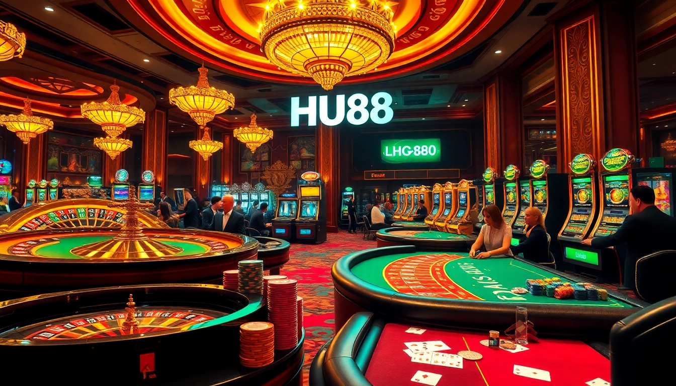 Experience HU88 in a vibrant casino scene with exciting games, chips, and players.