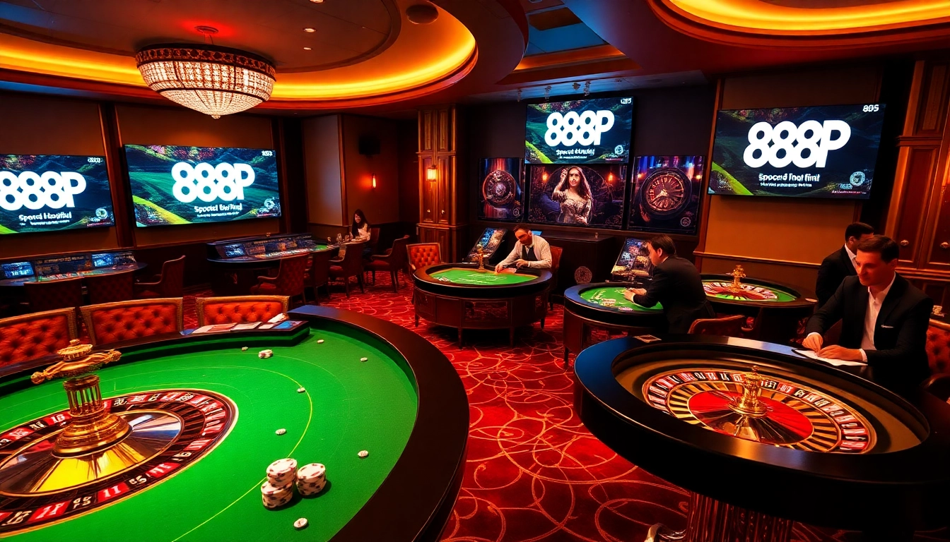 Experience thrilling gameplay at 888P with casino tables, poker chips, and roulette wheels.