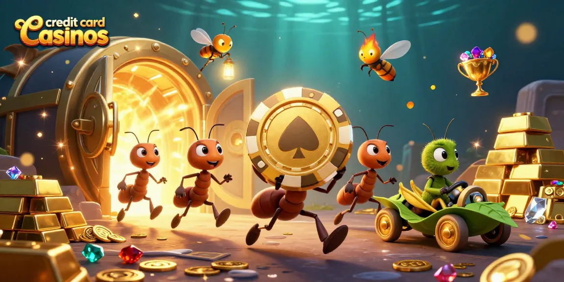 Join the adventure of credit card casinos with ants heisting a giant poker chip in a vibrant 3D scene.