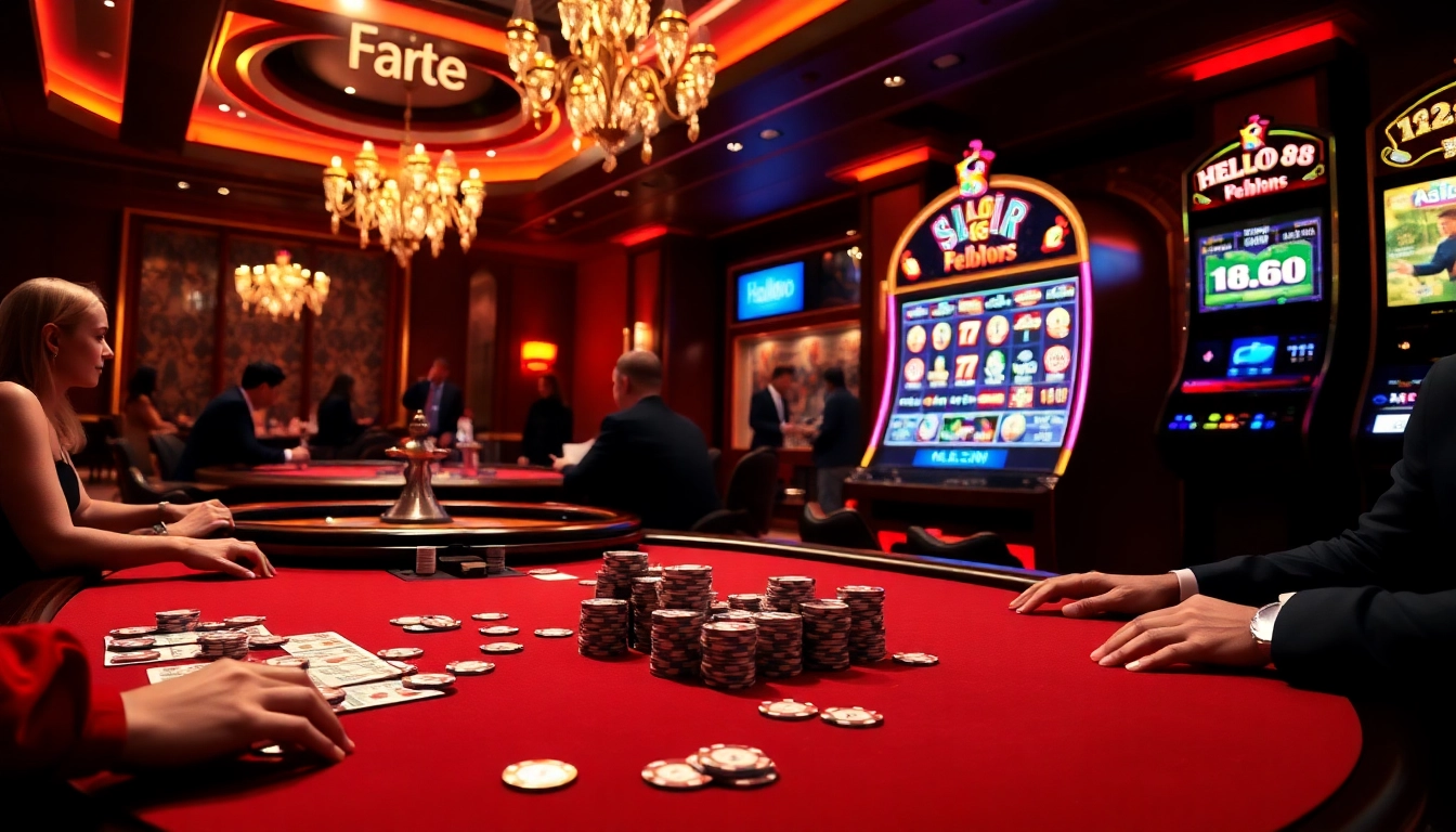 High-stakes game at a casino with Hello88 branded poker chips and roulette wheel.