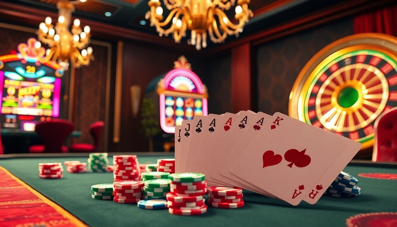 Experience the thrill of gambling at Rikbet's luxurious casino with vibrant poker tables and slots.