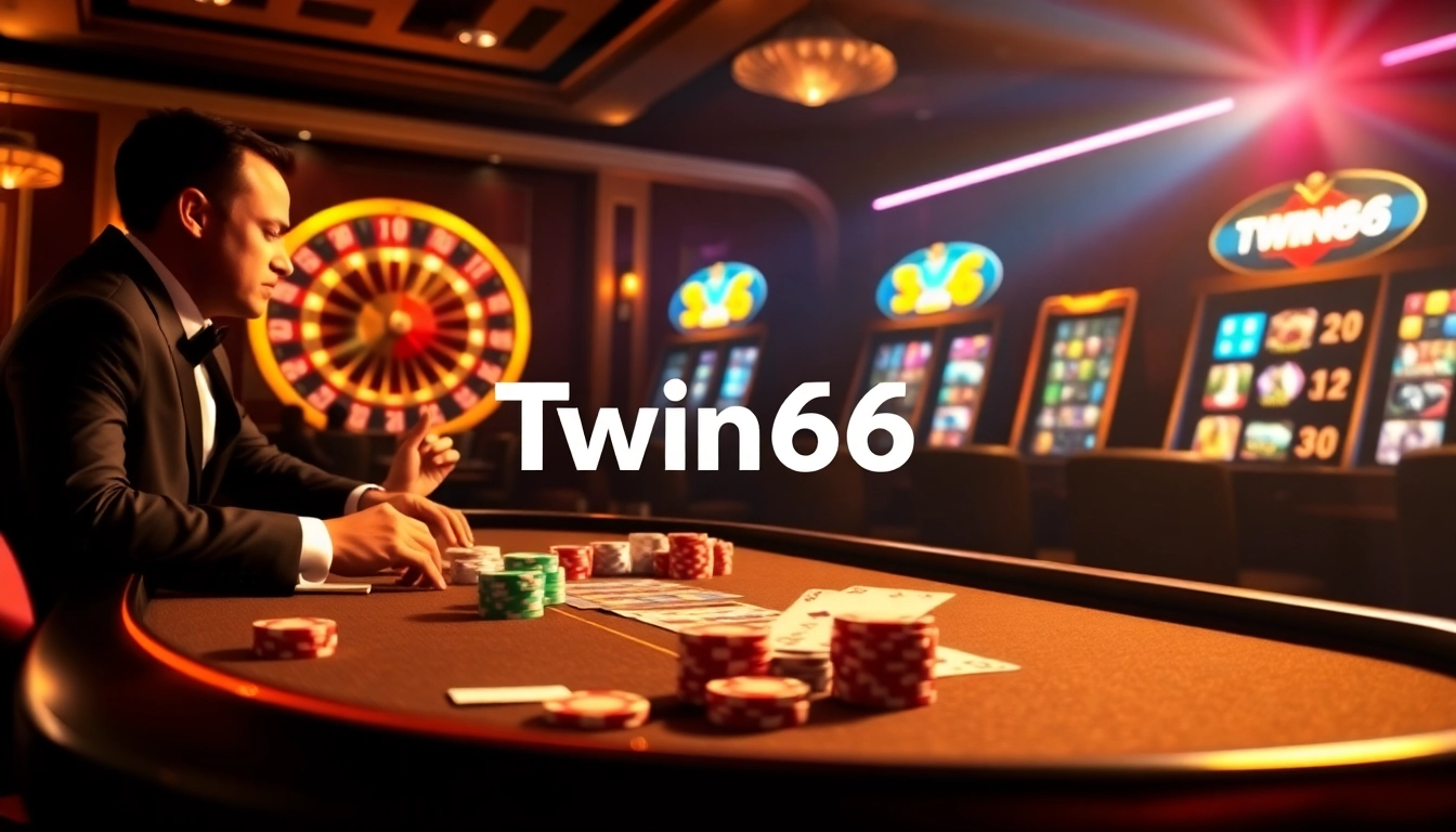 Twin68 offers a vibrant casino scene, showcasing poker tables and slot machines in an elegant ambiance.