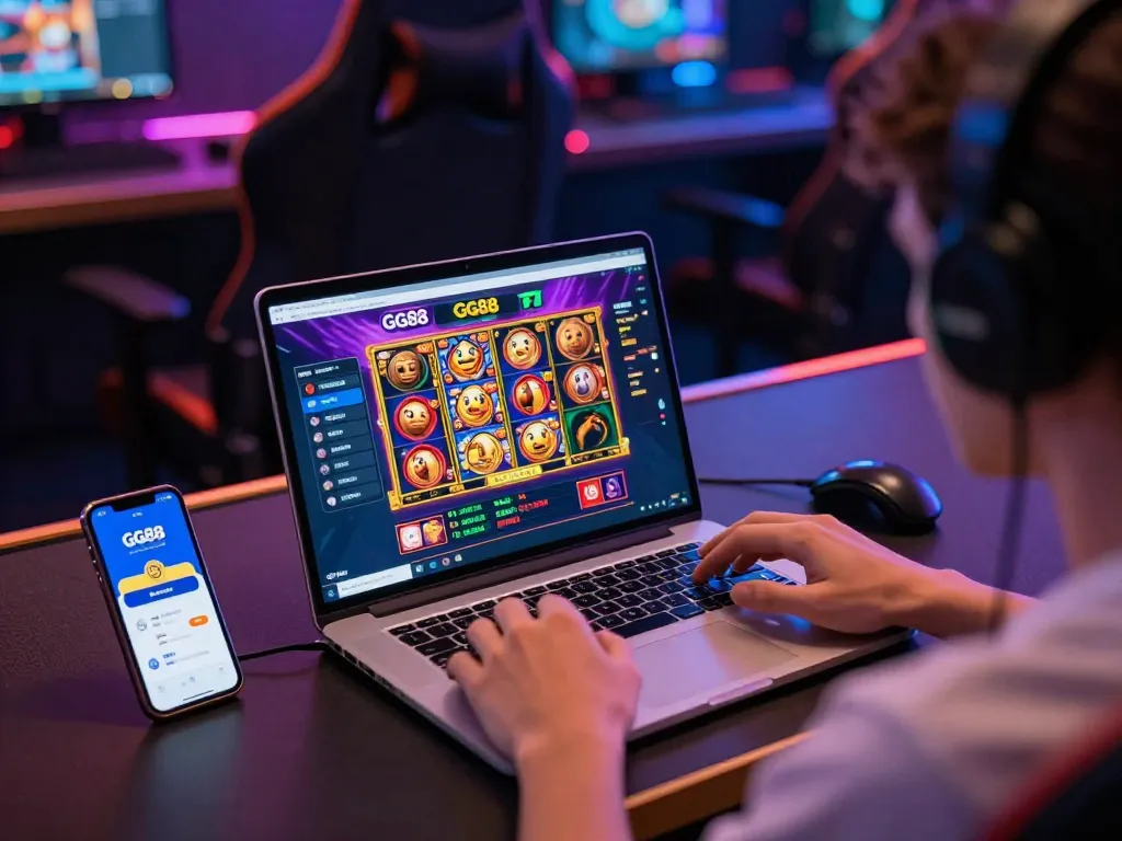 Engaging with link GG88 on a laptop in a vibrant online gambling scene, showcasing esports and gaming excitement.
