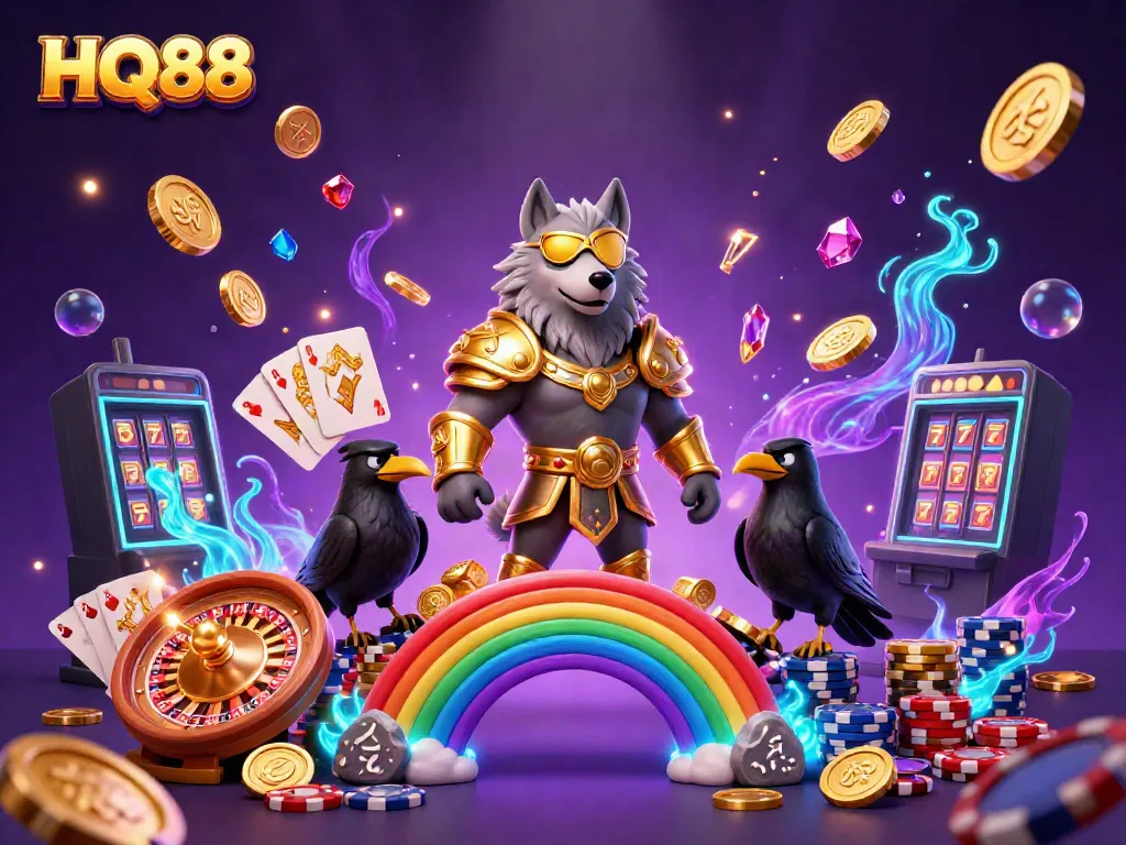 Experience exhilarating gameplay at HQ88 with a vibrant casino scene featuring captivating characters and classic gambling elements.