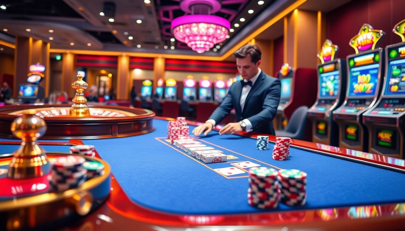 UU88 casino scene showcasing vibrant tables, cards, chips, and a roulette wheel in action.