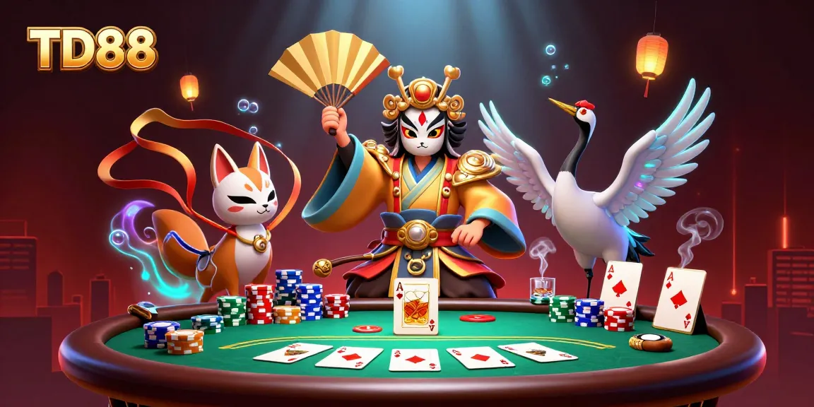 Engage with TD88 casino excitement featuring poker chips, cards, and vibrant characters.