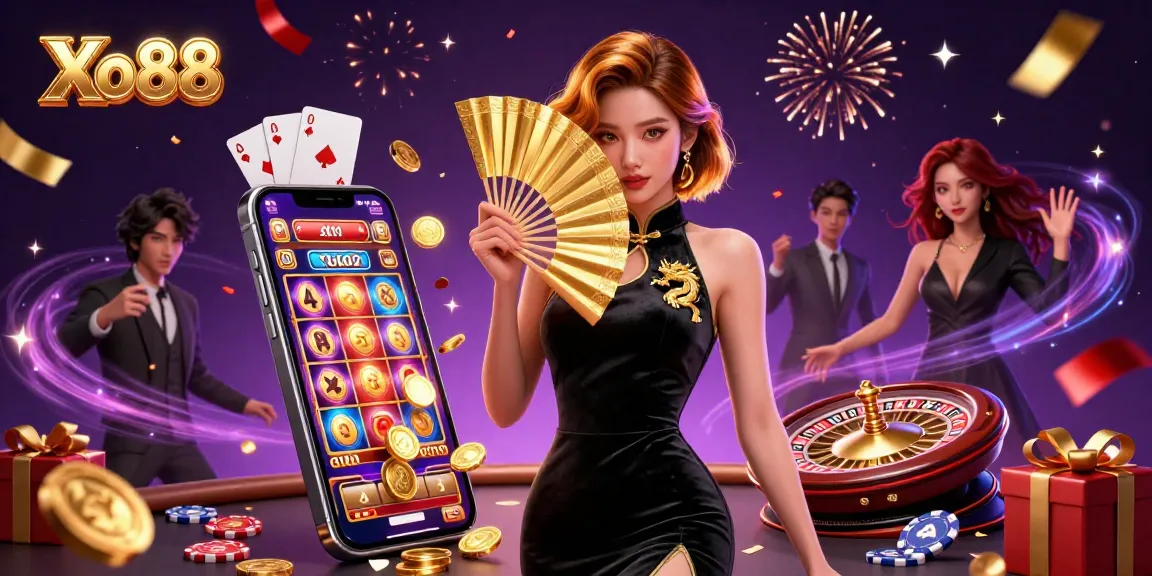 Xo88 invites players to experience thrilling slot games with an enchanting golden fan and festive casino elements.
