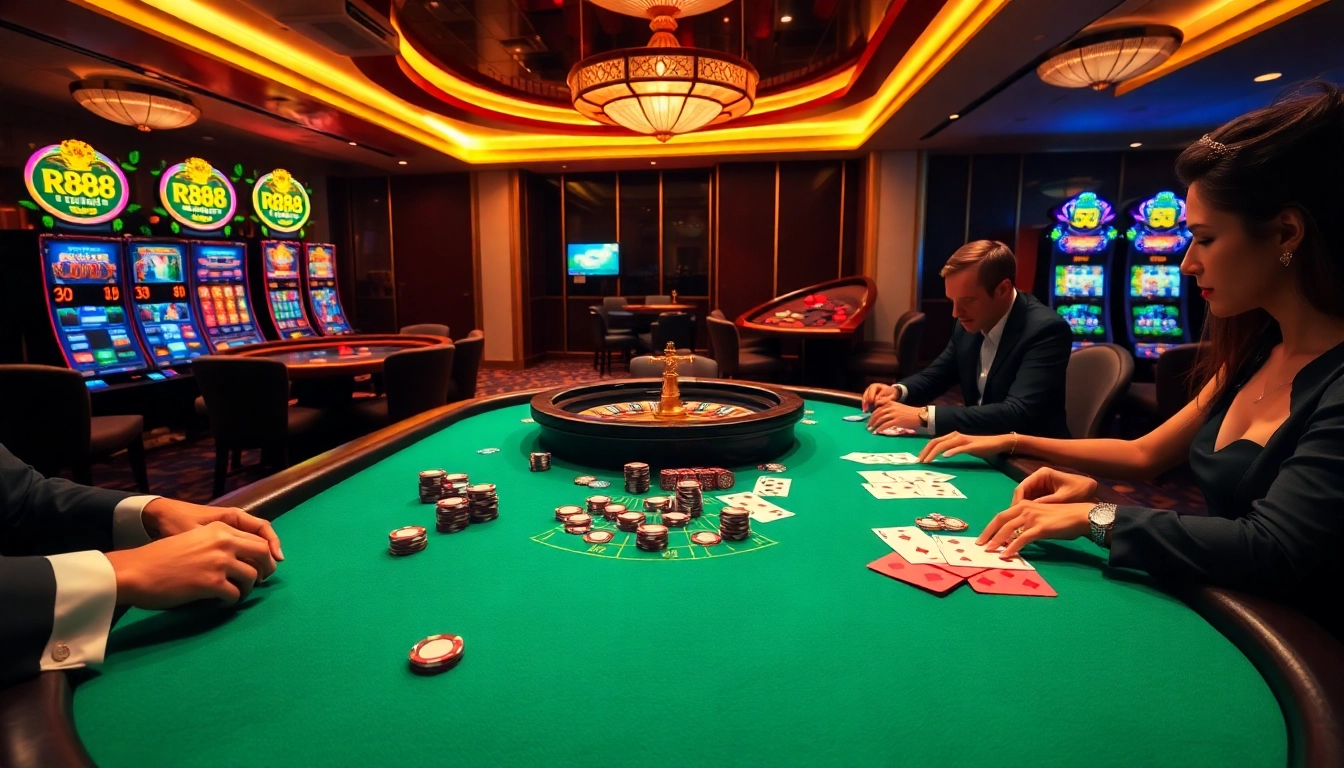 Exciting gameplay at RR88 featuring poker chips and colorful slot machines, capturing the thrill of online gambling.