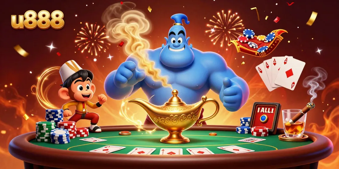 Join the excitement at u888 with a vibrant casino scene featuring magical elements, poker action, and festive celebrations!