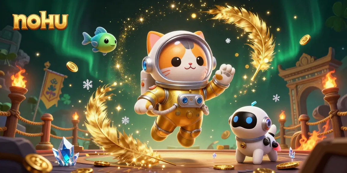 Nohu features an astronaut cat and robot dog amid dynamic gambling elements and alien fish.