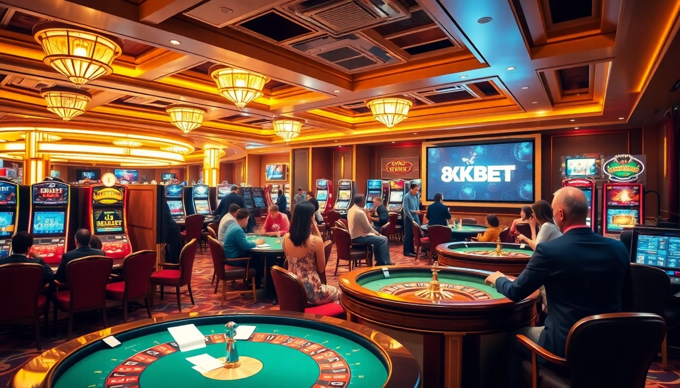 An exciting gaming scene at 8KBET casino, showcasing poker tables and vibrant slot machines.